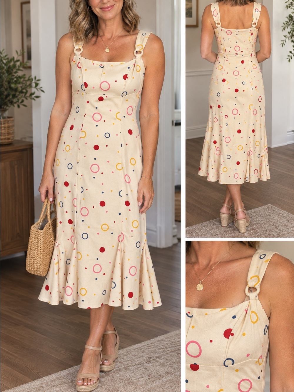 Bettie Page Cream Midi Dress with Red, Yellow, Pink & Navy Polka Dots